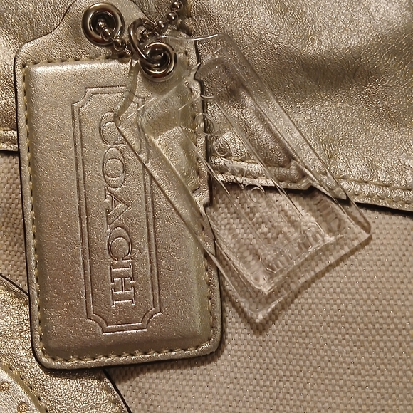 Coach Julia Perry Op Art Tote Ivory Shimmer Canvas Metallic Leather Bag EUC Rare - Picture 2 of 14